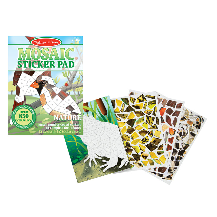The loose pieces of The Melissa & Doug Mosaic Sticker Pad Nature (12 Color Scenes to Complete with 850+ Stickers)