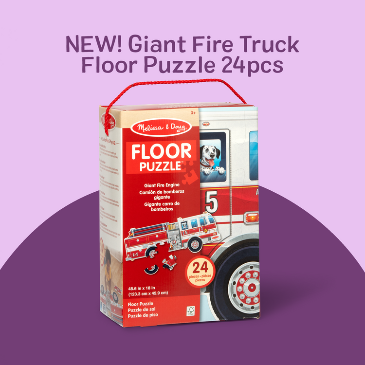 A kid playing with The Melissa & Doug Giant Fire Truck Shaped Jumbo Floor Puzzle, 24-Piece Fire Engine Jigsaw Puzzle, Over 4 Ft Long Kids Puzzles for Toddlers Ages 3+