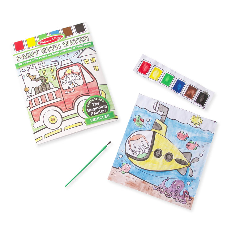An assembled or decorated The Melissa & Doug Paint With Water - Vehicles, 20 Perforated Pages With Spillproof Palettes