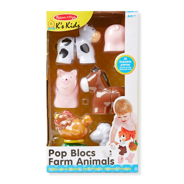 The front of the box for The Melissa & Doug Pop Blocs Farm Animals Educational Baby Toy - 10 Linkable Pieces