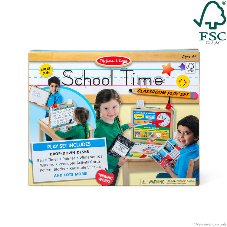 The front of the box for The Melissa & Doug School Time! Classroom Play Set Game - Be Teacher or Student