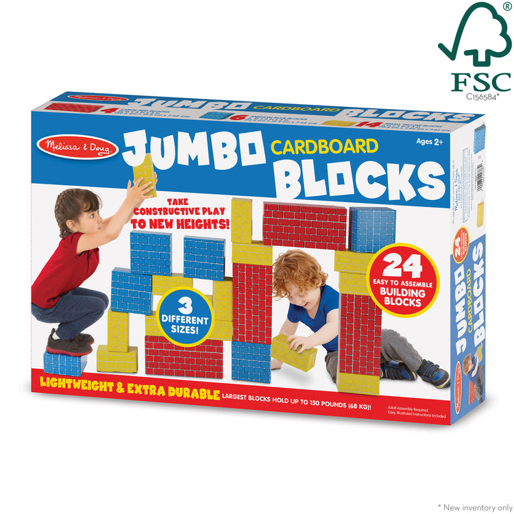 The front of the box for The Melissa & Doug Extra-Thick Cardboard Building Blocks - 24 Blocks in 3 Sizes