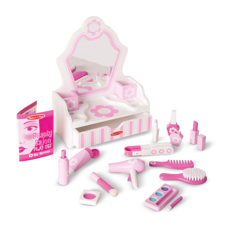 An assembled or decorated The Melissa & Doug Wooden Beauty Salon Play Set With Vanity and Accessories (18 pcs)