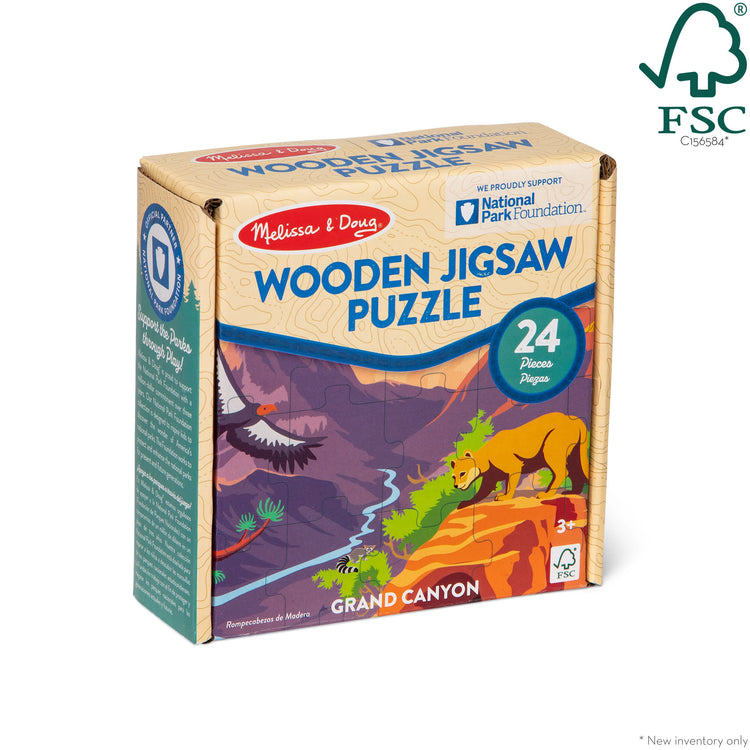 The front of the box for The Melissa & Doug Grand Canyon National Park Wooden Jigsaw Puzzle – 24 Pieces, Animal and Plant ID Guide