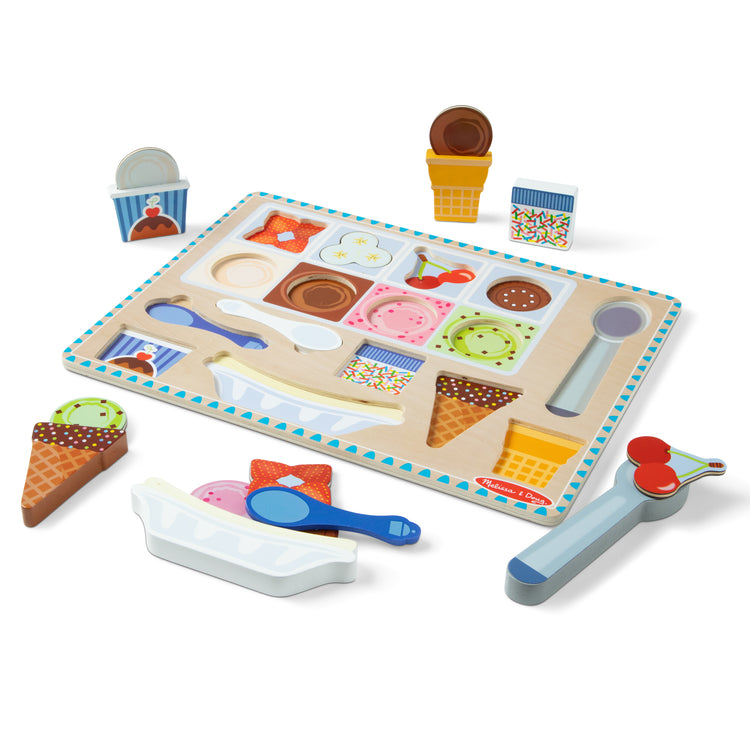 The loose pieces of The Melissa & Doug Ice Cream Wooden Magnetic Puzzle Play Set, 16 Magnet Pieces with Scooper, Wooden Play Food Toy for Boys and for Girls Ages 2+