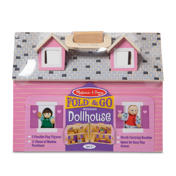 The front of the box for The Melissa & Doug Fold and Go Wooden Dollhouse With 2 Dolls and Wooden Furniture