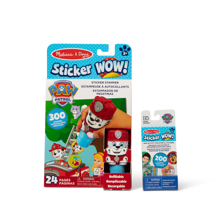 The loose pieces of The Melissa & Doug Sticker WOW!™ PAW Patrol Marshall Bundle: 24-Page Activity Pad, Sticker Stamper, 500 Stickers, Mini Pad, Arts and Crafts Fidget Toy Collectible Character