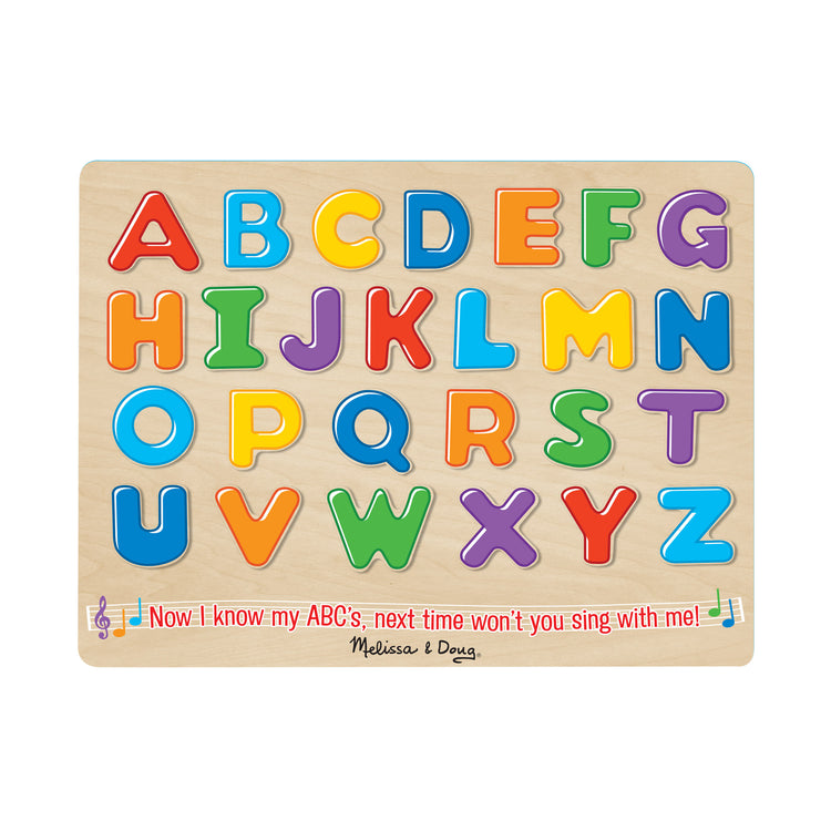 An assembled or decorated image of The Melissa & Doug Wooden Alphabet Sound Puzzle - Wooden Puzzle With Sound Effects (26 pcs)