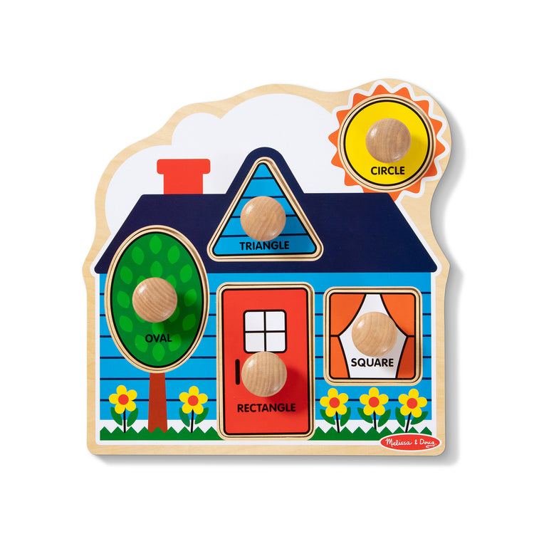 The loose pieces of The Melissa & Doug First Shapes Jumbo Knob Wooden Puzzle