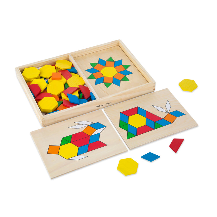 The loose pieces of The Melissa & Doug Pattern Blocks and Boards - Classic Toy With 120 Solid Wood Shapes and 5 Double-Sided Panels, Multi-Colored Animals Puzzle