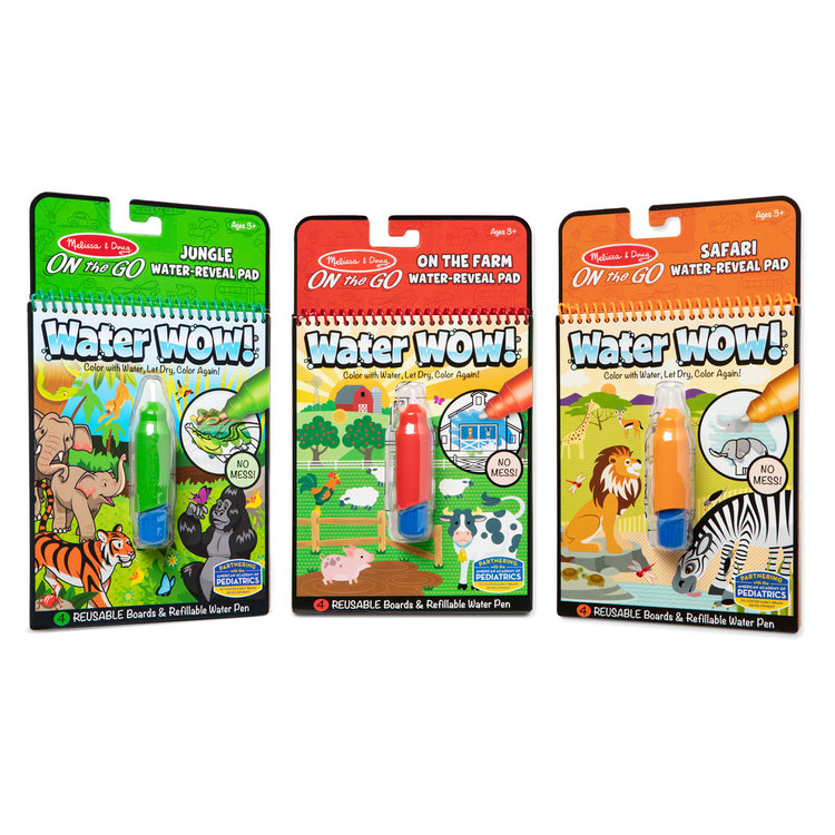 The front of the box for The Melissa & Doug On the Go Water Wow! Reusable Color with Water Activity Pad 3-Pack, Jungle, Safari, Farm