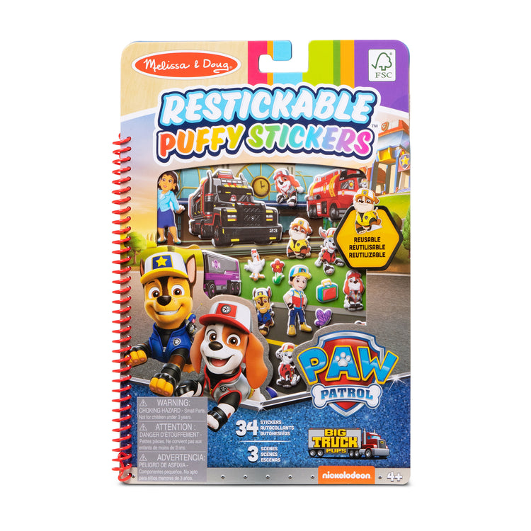 The front of the box for The Melissa & Doug PAW Patrol Restickable Puffy Stickers - Big Truck Pups