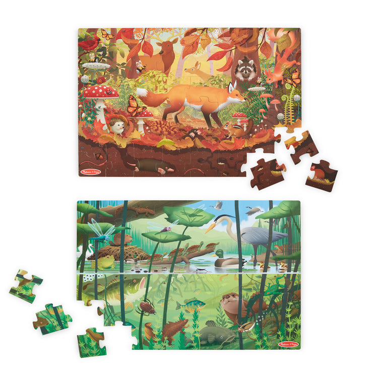 The loose pieces of The Melissa & Doug Double-Sided Seek & Find Puzzle