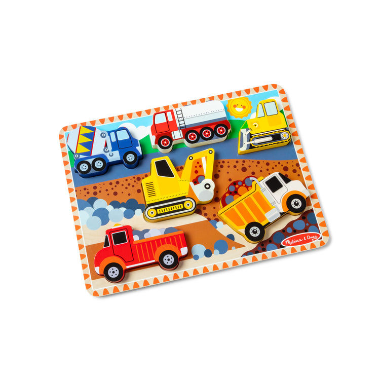 The loose pieces of The Melissa & Doug Construction Vehicles Wooden Chunky Puzzle (6 pcs)
