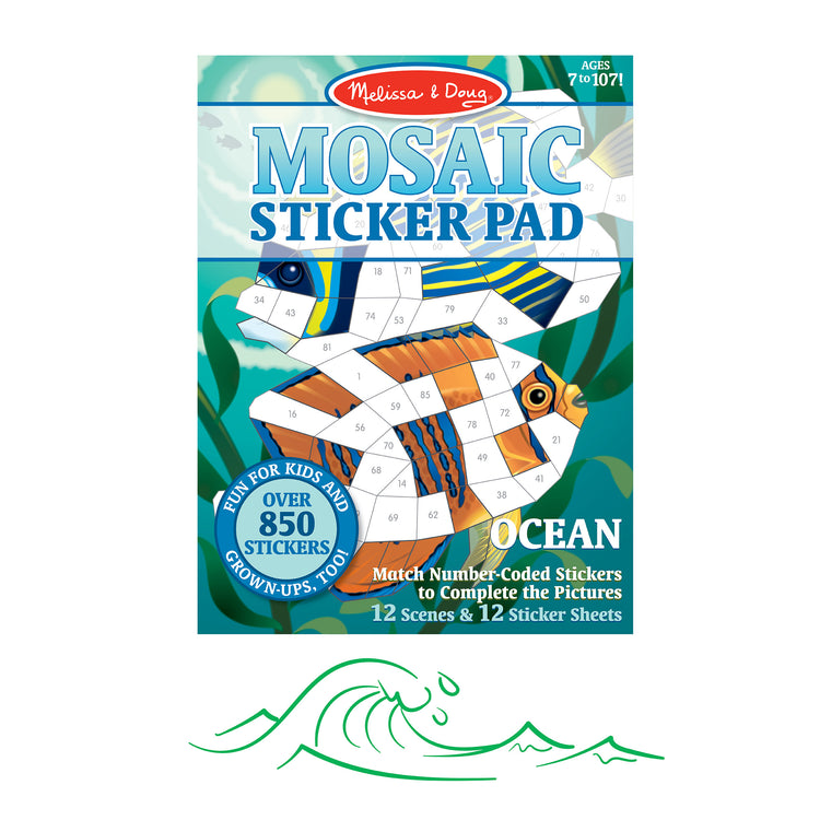The loose pieces of The Melissa & Doug Mosaic Sticker Pad Ocean Animals (12 Color Scenes to Complete with 850+ Stickers)
