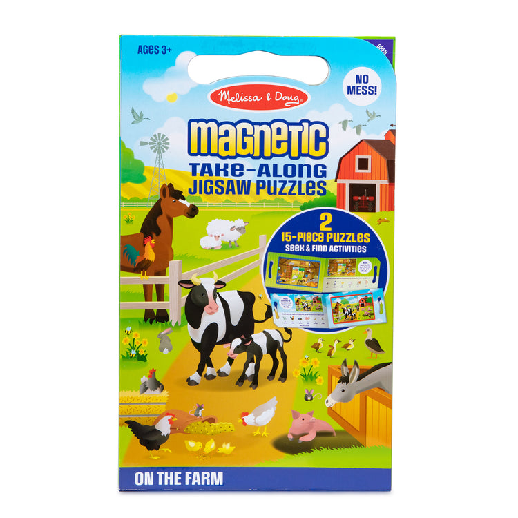 The front of the box for The Melissa & Doug Take-Along Magnetic Jigsaw Puzzles Travel Toy On the Farm (2 15-Piece Puzzles)