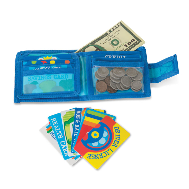 The loose pieces of The Melissa & Doug Pretend-to-Spend Toy Wallet With Play Money and Cards (45 pcs), Blue
