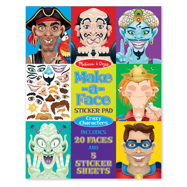 The front of the box for The Melissa & Doug Make-a-Face Sticker Pad - Crazy Characters, 20 Faces, 5 Sticker Sheets