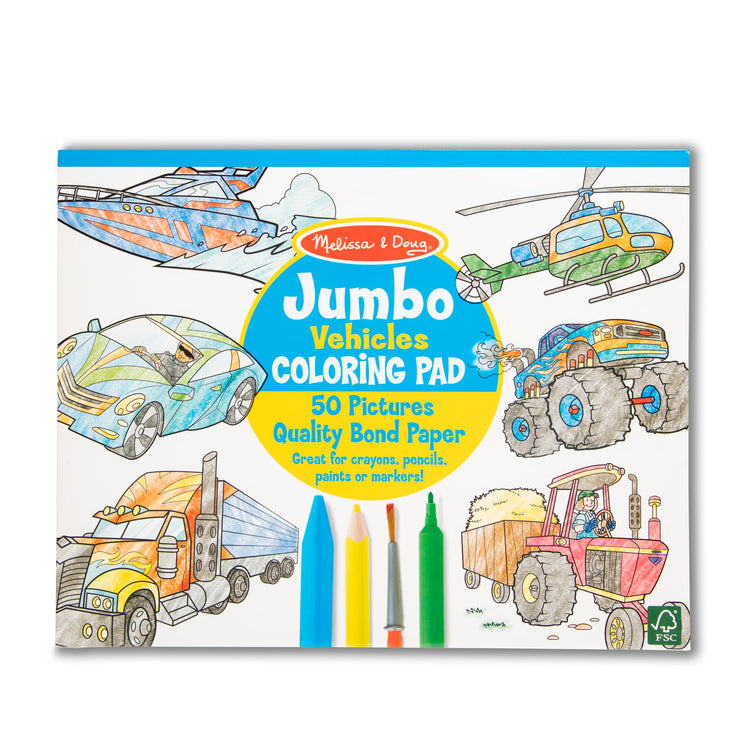 The front of the box for The Melissa & Doug Jumbo Coloring Pad: Vehicles - 50 Pages of White Bond Paper (11 x 14 inches)