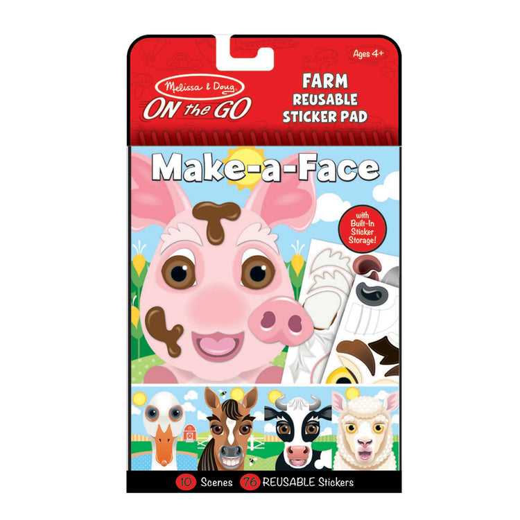 The front of the box for The Melissa & Doug On the Go Make-a-Face Reusable Sticker Pad Travel Toy Activity Book – Farm Animals (10 Scenes, 76 Cling Stickers)