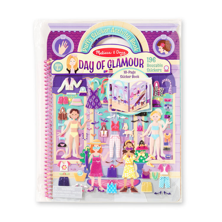 The front of the box for The Melissa & Doug Puffy Sticker Activity Book: Day of Glamour - 196 Reusable Stickers