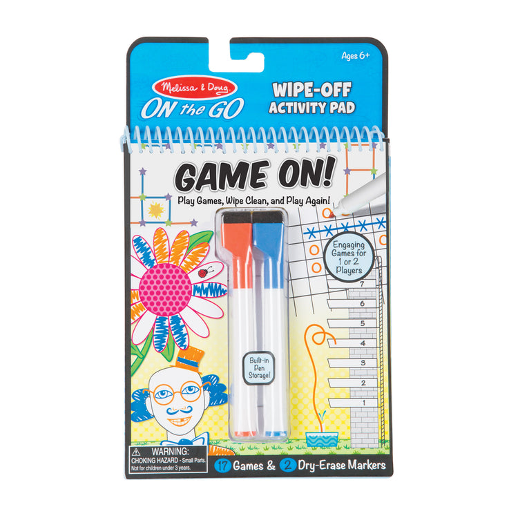 The front of the box for The Melissa & Doug On the Go Game On! Reusable Games Wipe-Off Activity Pad Reusable Travel Toy with 2 Dry-Erase Markers
