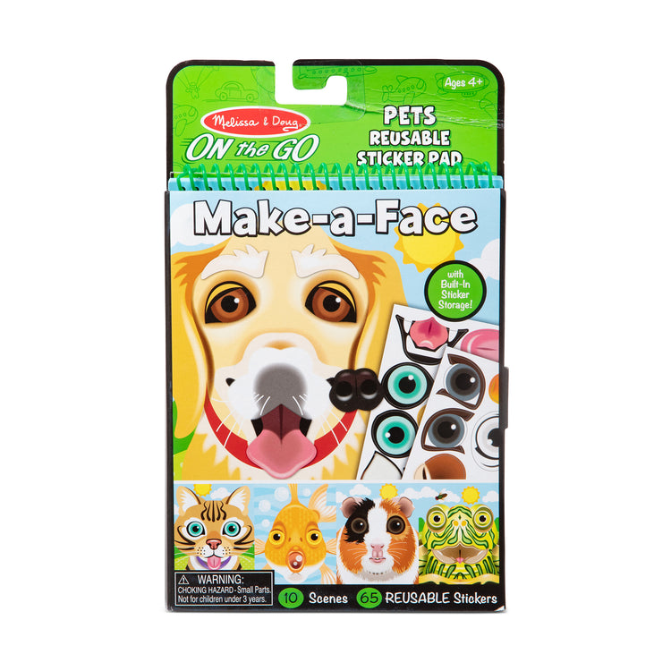 The front of the box for The Melissa & Doug On the Go Make-a-Face Reusable Sticker Pad Travel Toy Activity Book – Pet Animals (10 Scenes, 65 Cling Stickers)
