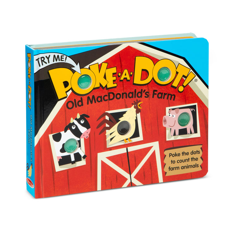 The front of the box for The Melissa & Doug Children's Book - Poke-a-Dot: Old MacDonald’s Farm (Board Book with Buttons to Pop)