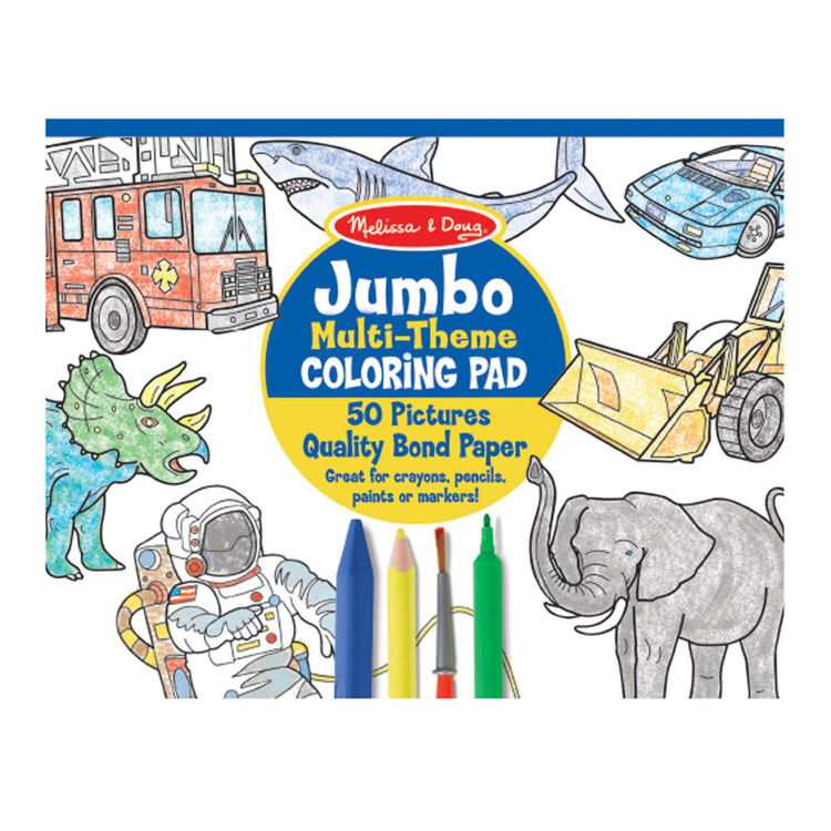 The front of the box for The Melissa & Doug Jumbo 50-Page Kids' Coloring Pad - Space, Sharks, Sports, and More