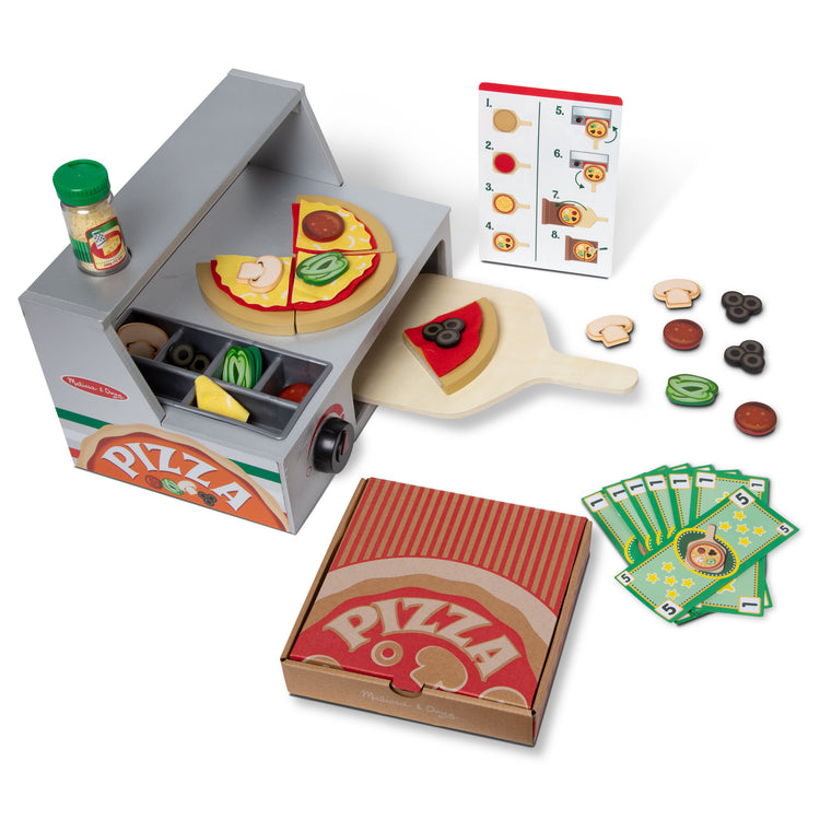 The loose pieces of The Melissa & Doug Top & Bake Wooden Pizza Counter Play Set (41 Pcs)