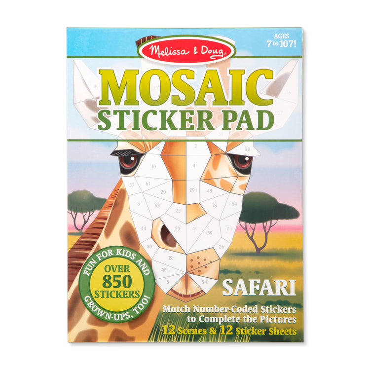 The front of the box for The Melissa & Doug Mosaic Sticker Pad Safari Animals (12 Color Scenes to Complete with 850+ Stickers)