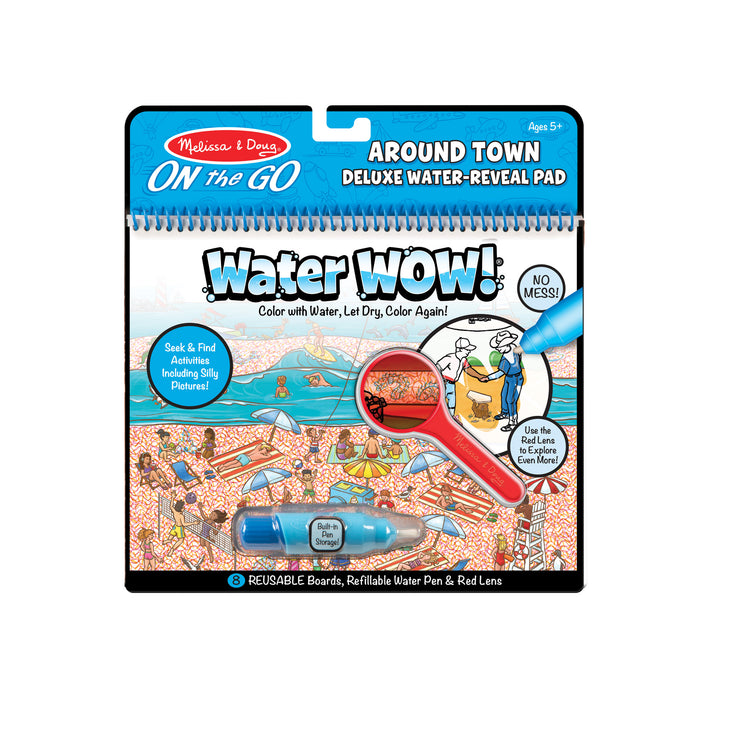 The front of the box for The Melissa & Doug On the Go Water Wow! Reusable Water-Reveal Deluxe Activity Pad – Around Town