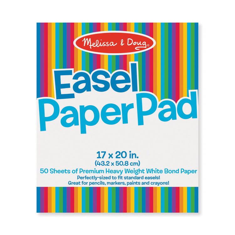 The front of the box for The Melissa & Doug Art Essentials Easel Pad (17 x 20 inches) With 50 Sheets of White Bond Paper