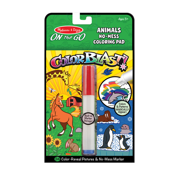 The front of the box for The Melissa & Doug On the Go ColorBlast Animals Invisible Ink Color-Reveal Travel Activity Pad