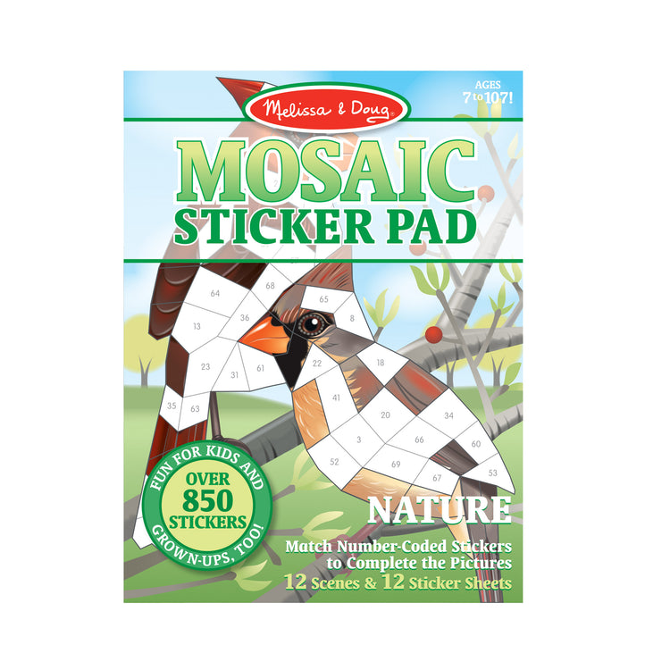 The front of the box for The Melissa & Doug Mosaic Sticker Pad Nature (12 Color Scenes to Complete with 850+ Stickers)