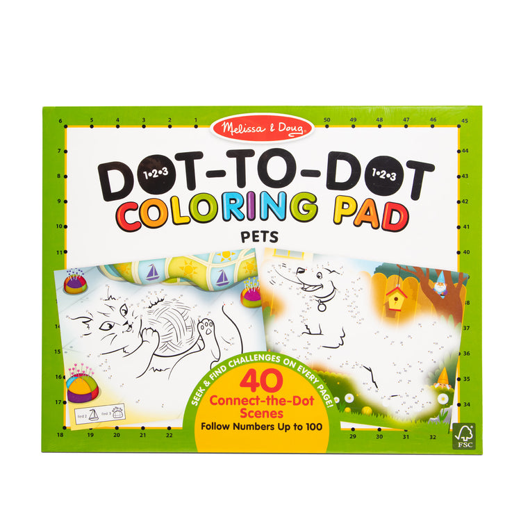 The front of the box for The Melissa & Doug 123 Dot-to-Dot Pets Coloring Pad - Follow Numbers 1-100 and Seek and Find Activities; 40 11” x 14” Pages