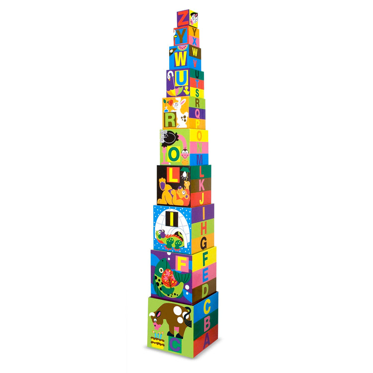 The loose pieces of The Melissa & Doug Deluxe 10-Piece Alphabet Nesting and Stacking Blocks