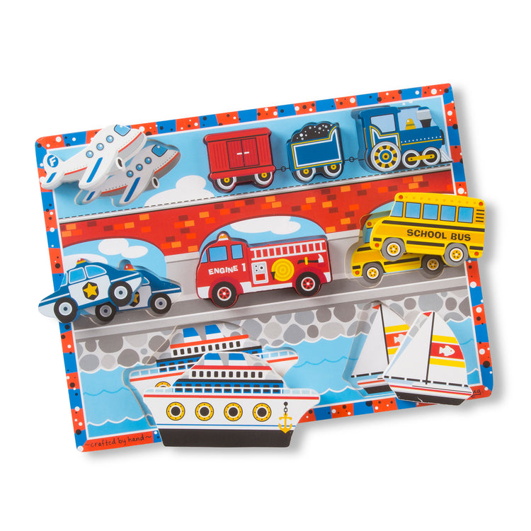 The loose pieces of The Melissa & Doug Vehicles Wooden Chunky Puzzle - Plane, Train, Cars, and Boats (9 pcs)