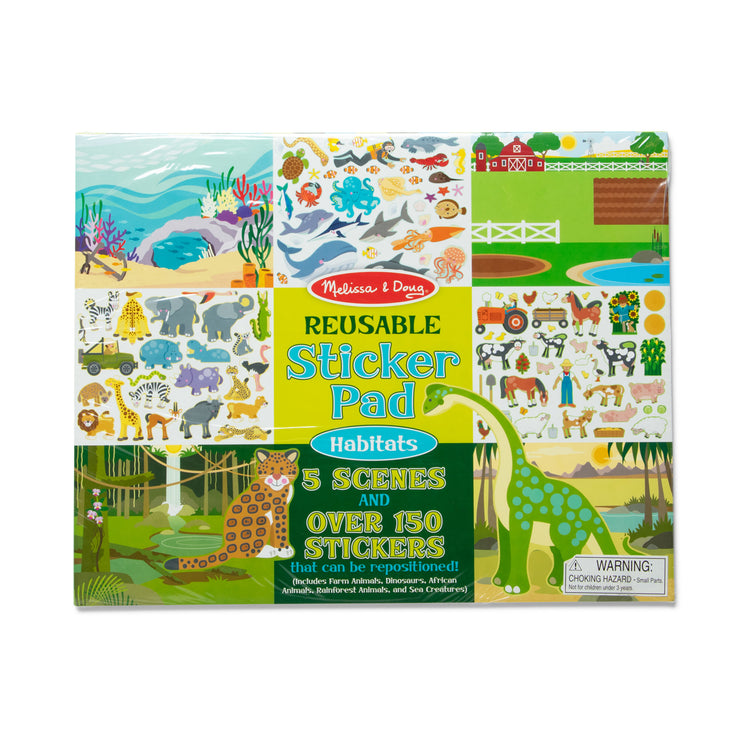 The front of the box for The Melissa & Doug Reusable Sticker Pad: Habitats - 150+ Reusable Stickers