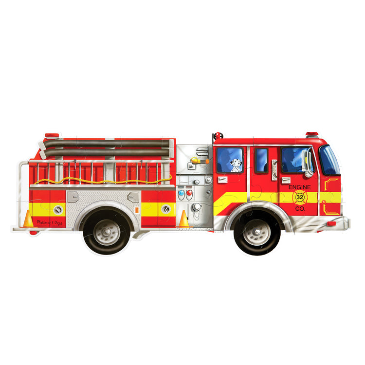 A child on white background with The Melissa & Doug Fire Truck Jumbo Jigsaw Floor Puzzle (24 pcs, 4 feet long)