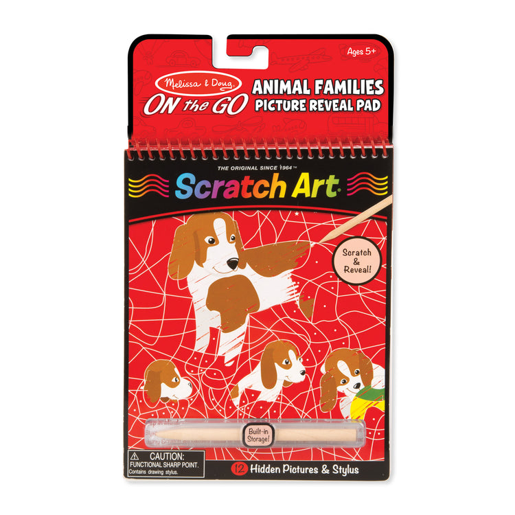 The front of the box for The Melissa & Doug On the Go Scratch Art: Animal Families Hidden-Picture Activity Pad With Stylus