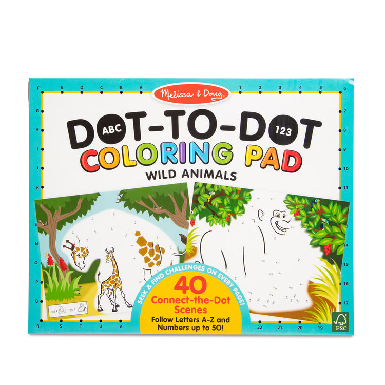 The front of the box for The Melissa & Doug ABC 123 Dot-to-Dot Coloring Pad – Wild Animals (40 Pages)