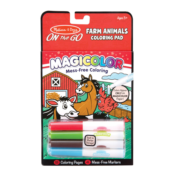 The front of the box for The Melissa & Doug On the Go Magicolor Coloring Pad with 4 Mess-Free Markers, Travel Toy for Boys and Girls Ages 3+  - Farm Animals 