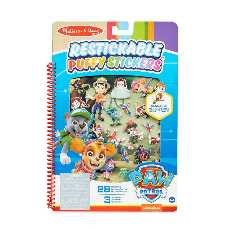 The front of the box for The Melissa & Doug PAW Patrol Restickable Puffy Stickers - Jungle (28 Reusable Stickers)