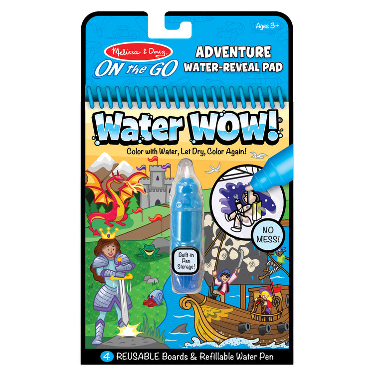 The front of the box for The Melissa & Doug On the Go Water Wow! Reusable Water-Reveal Activity Pad Travel Toy – Adventure