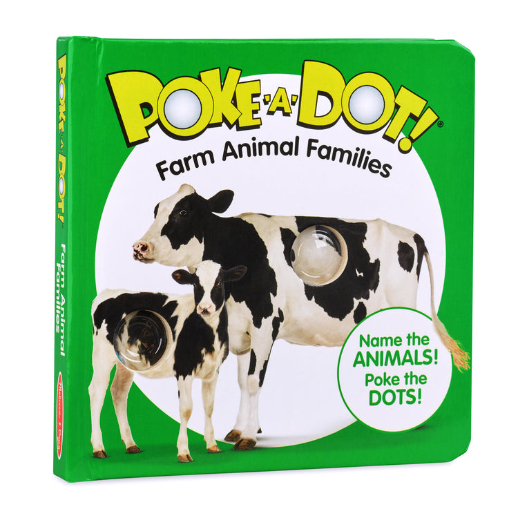 The front of the box for The Melissa & Doug Children’s Book – Poke-a-Dot: Farm Animal Families (Board Book with Buttons to Pop)