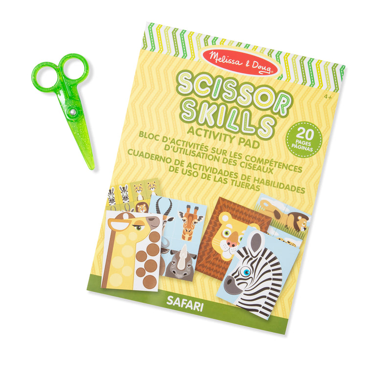 The loose pieces of The Melissa & Doug Safari Scissor Skills Activity Pad with Child-Safe Scissors – 20 Pages