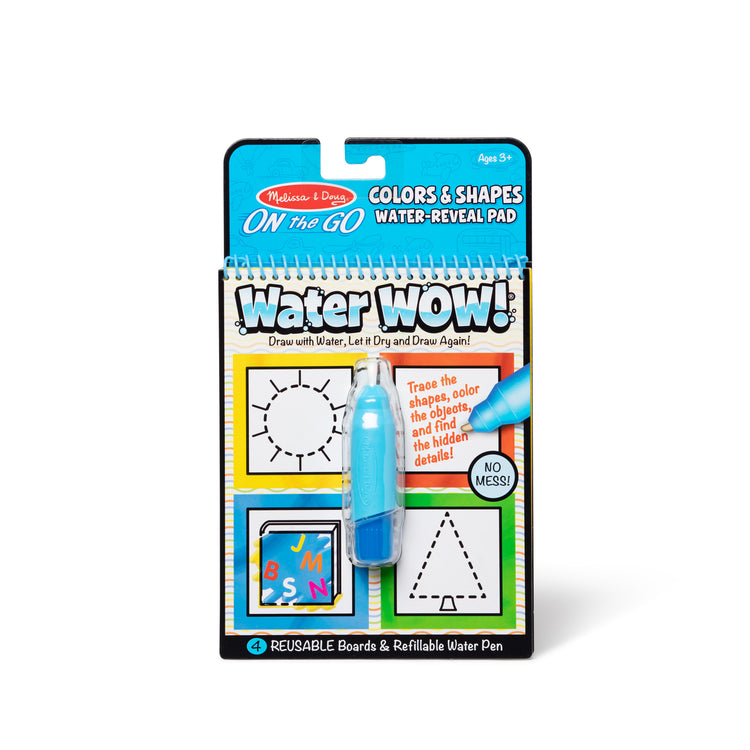 The front of the box for The Melissa & Doug On the Go Water Wow! Reusable Water-Reveal Activity Pad - Colors, Shapes