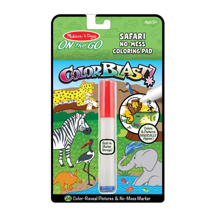 The front of the box for The Melissa & Doug On the Go ColorBlast No Mess Safari Invisible Ink Coloring Pad Travel Activity– 24 Pages