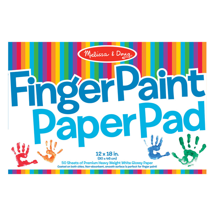 The front of the box for The Melissa & Doug Finger Paint Paper Pad - 50 12"x18" Sheets for Kids Arts And Crafts Age 2+